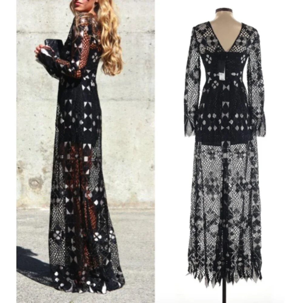 NWT BCBG MAXAZRIA Art Deco geometric Lace Sheer gown dress gown Black Size 0 - Picture 2 of 3